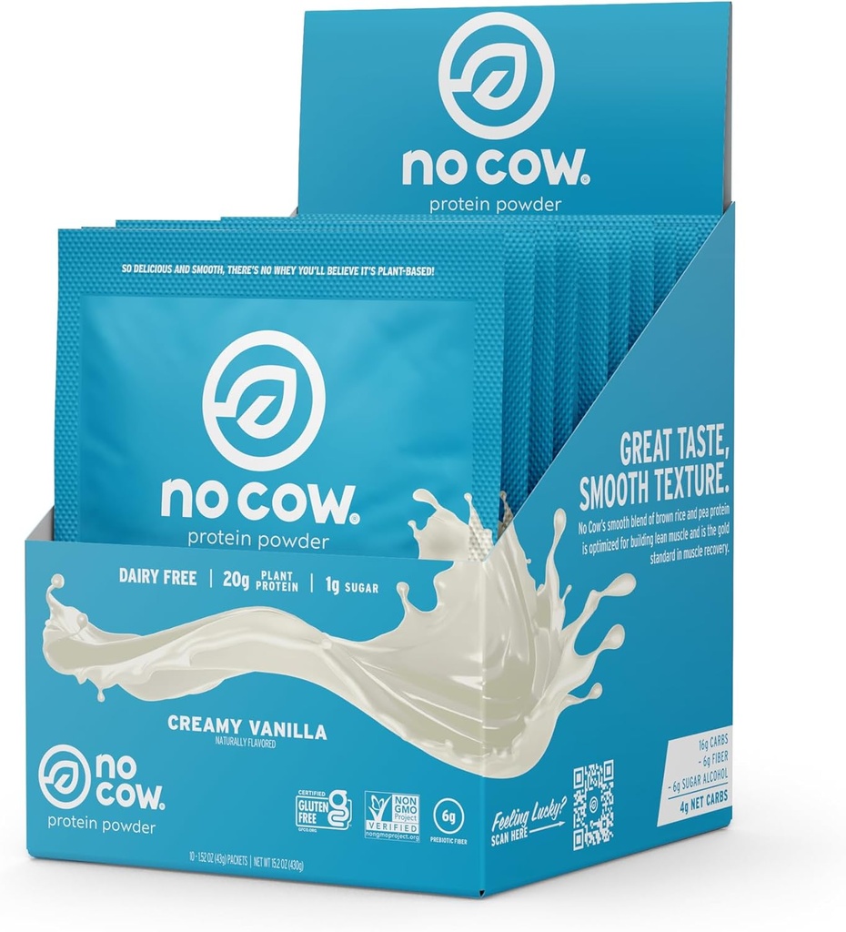 No Cow Vegan Protein Powder, Vanilla, 20g Plant Based Protein, Single Serve Packets, Dairy Free, Soy Free, No Sugar Added, Keto Friendly, Gluten Free, Přirozeně sladké, Non GMO, Kosher, 10 Počet