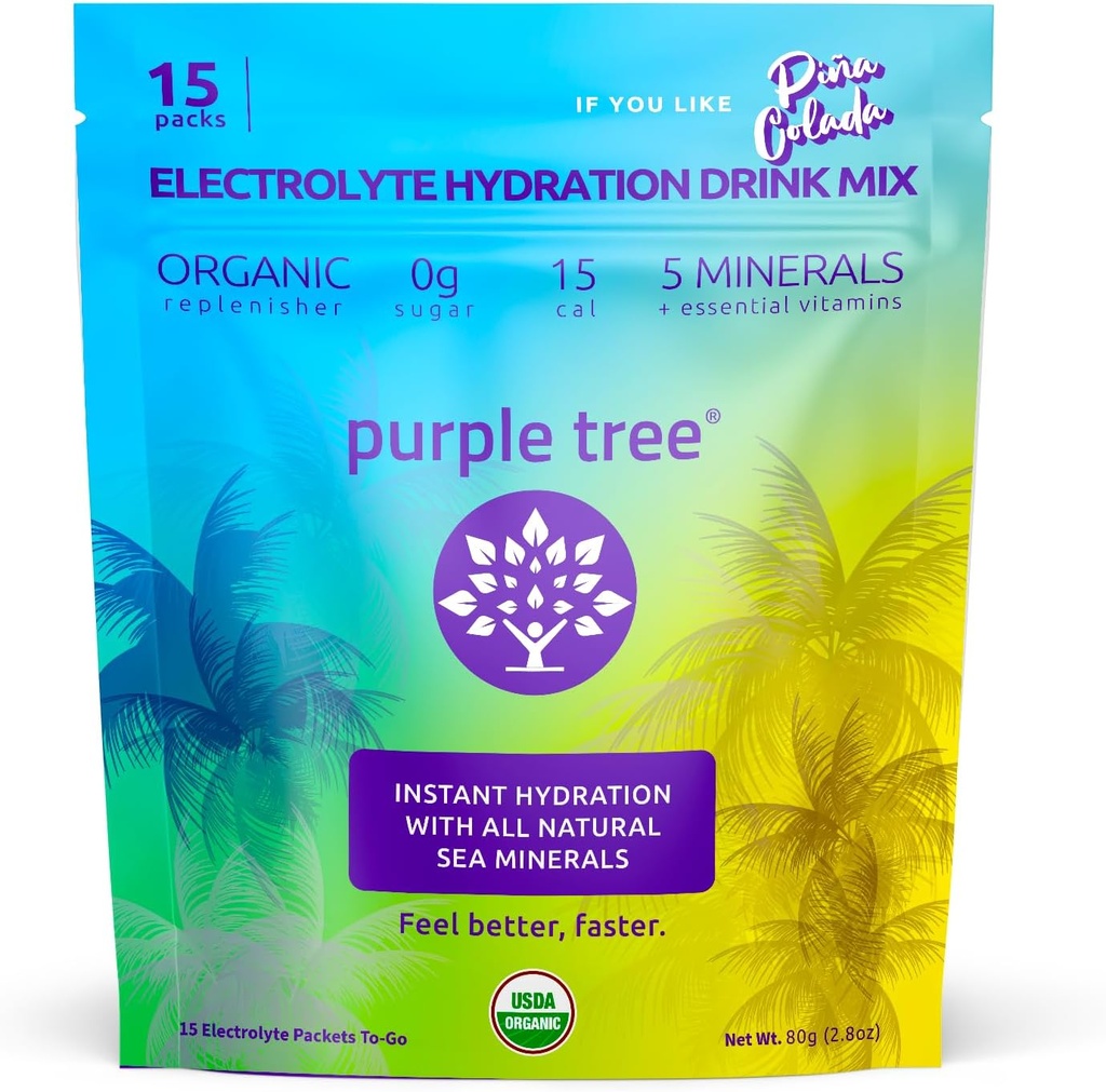 Purple Tree Organic Electrolyte Hydration Packets - Pina Colada Flavor, Sugar- Free Liquid Hydration Sticks for Rapid Rehydratation, Daily Electrolyte Drink Mix for Dehydratation Relief, 15 Togo- Packs