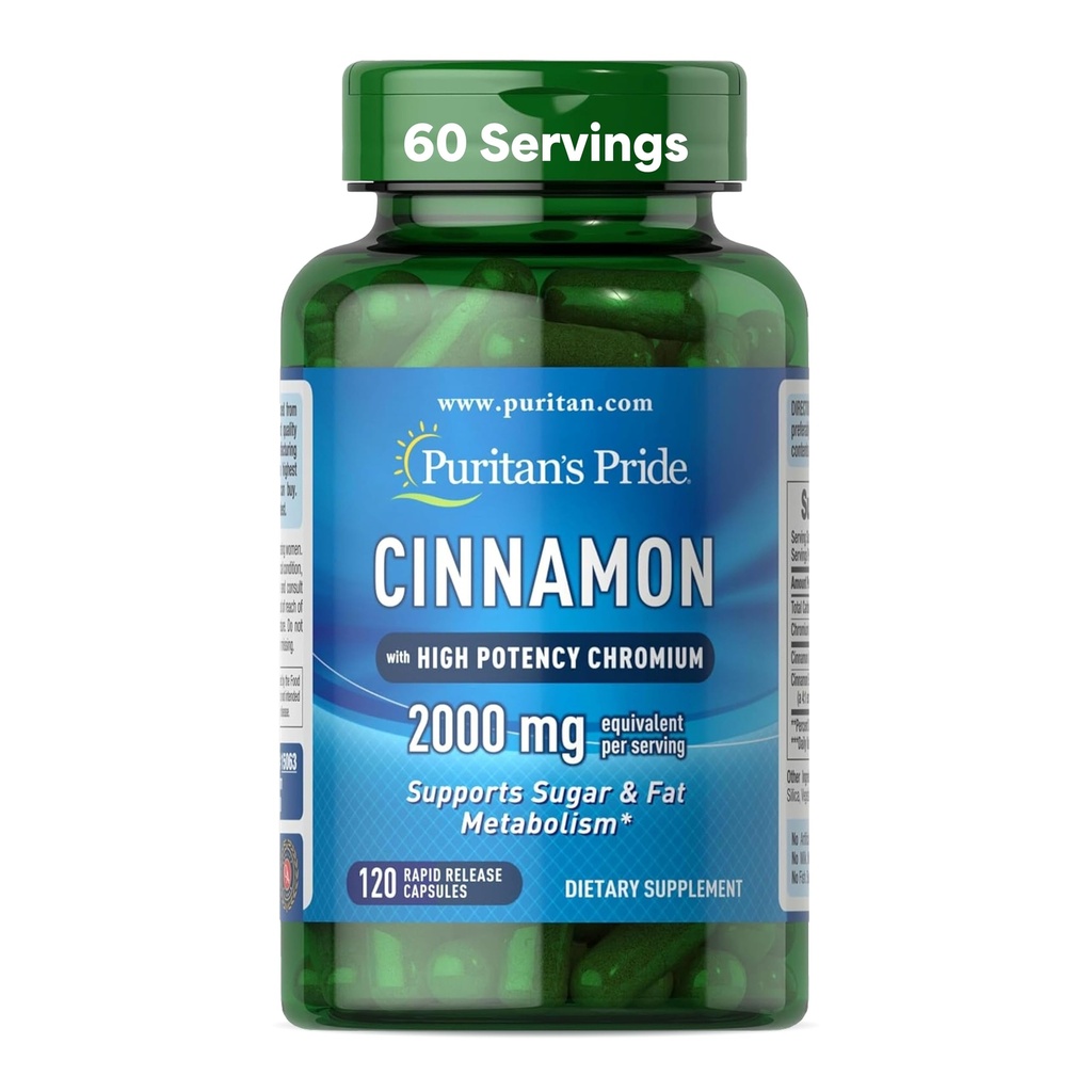 Puritan 's Pride Cinnamon 875 mg (2000 mg Ekvivalentní) s chromem vysoké potence, podporuje cukr, tuk a zdravý metabolismus živin, buněčná energie, 2 měsíční zásoba, 120 Kapsle rychlé uvolnění