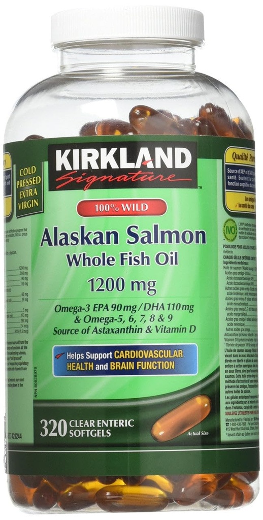 Podpis Kirkland 100% Wild Alaskan Salmon Oil 90 EPA 110 DHA 1200mg - 320 Enteric Coated Softgels