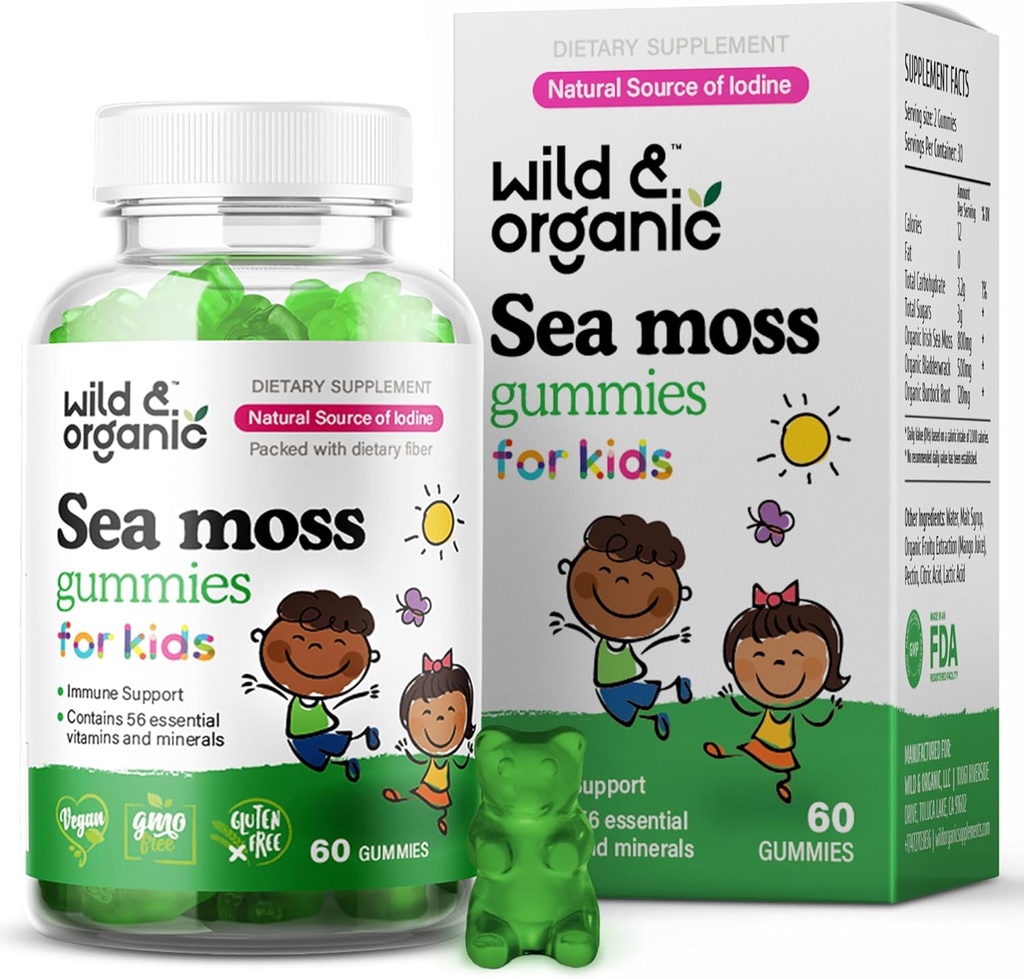 Wild & Organic Irish Moss Gummies for Kids 800mg - Imunitní podpora s Bladderwrack - Veganské Moss Gel Chews pro celkovou podporu - 60 Non- GMO Seamoss Gel Gummies