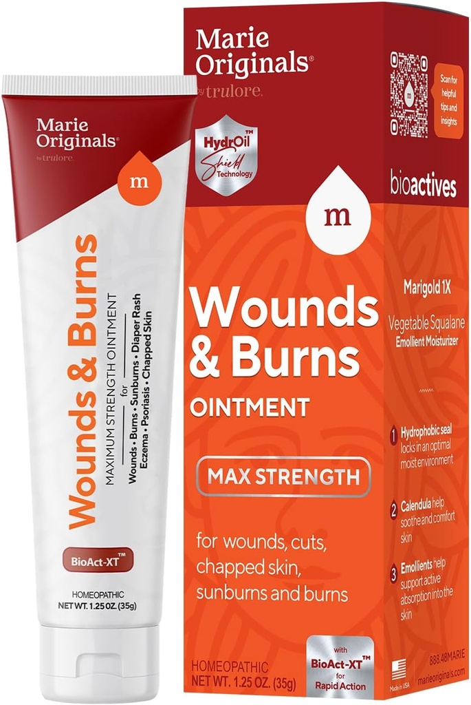 Marie Originals All- Natural Skin Repair and Burn Cream Ointment 124; First Aid Ointment 124; Acelerate Wound Healing for General Wounds, Chapped Hands, Cold Sores, Eczema, Psoriasis & Burn. 1.25oz