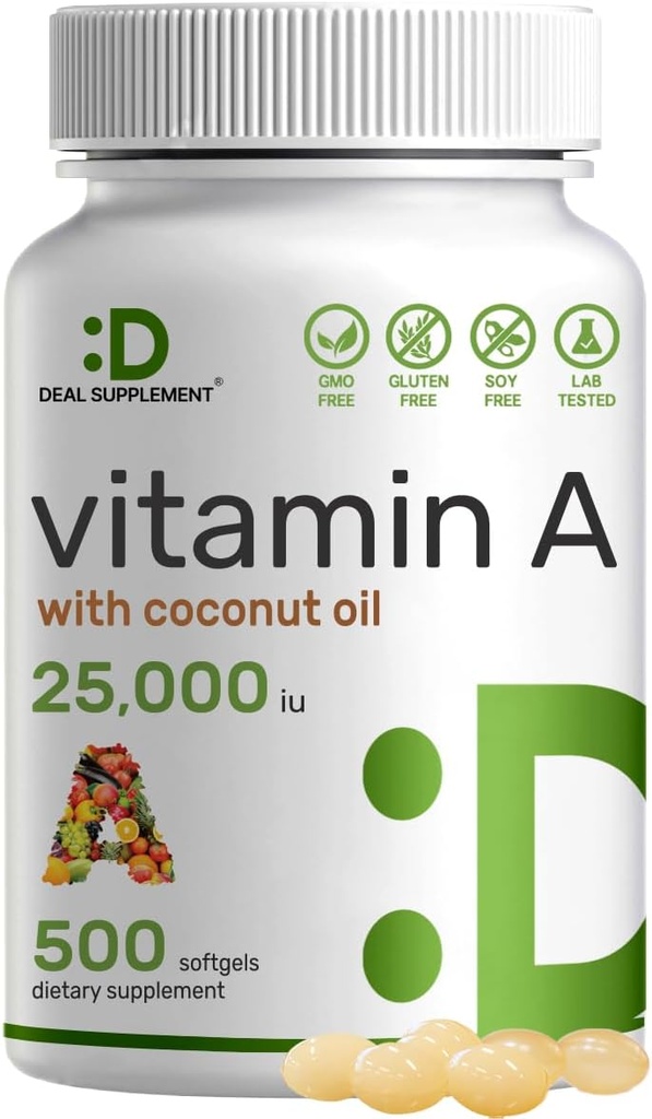 DEAL SUPPLAMENT High Potency Vitamin A 25000 IU, 500 Coconut Oil Softgels CARP124; Snadno absorbovaný, Přírodní rybí olej zdroj - Vitamíny pro oko, imunitní, & Skin Health - Snadno polykat, Non- GMO