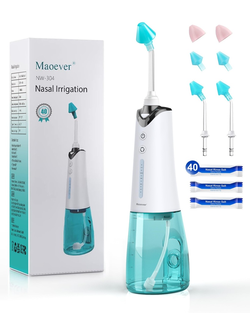 Nazální zavlažovací systém, bezšňůrový nazální Rinse stroj pro Sinus Relief & Nasal Care, Electric Neti Pot se 6 tipy a 40 Salt Packs Nazální zavlažování Sinus Rinse System Kit pro dospělé a děti