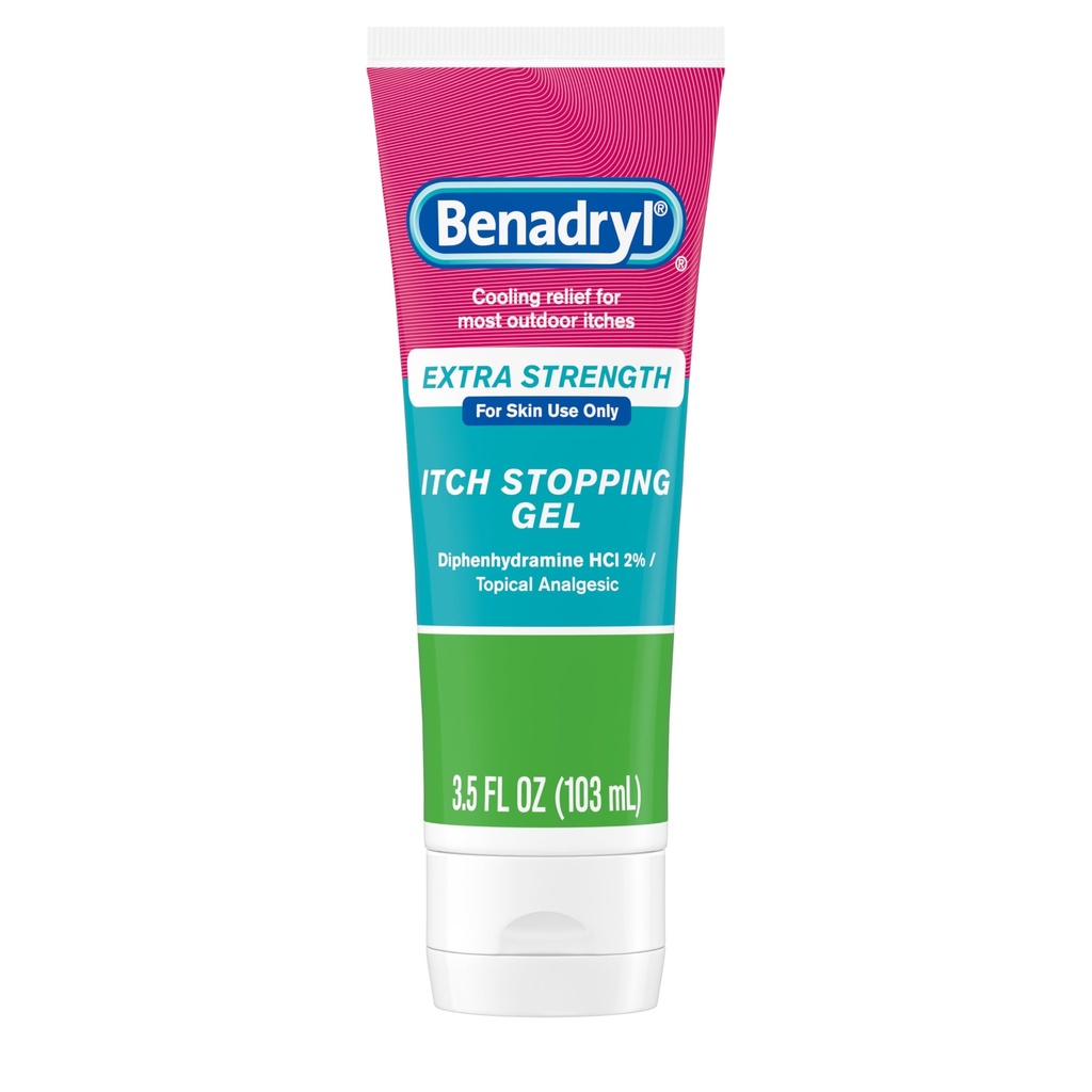 Benadryl Extra Strength Anti Itch Relief Gel, 2% Difenhydramine HCl, Relief from Insect Bites, Sunburn & More, Great for Camping Essentials, 3.5 fl oz