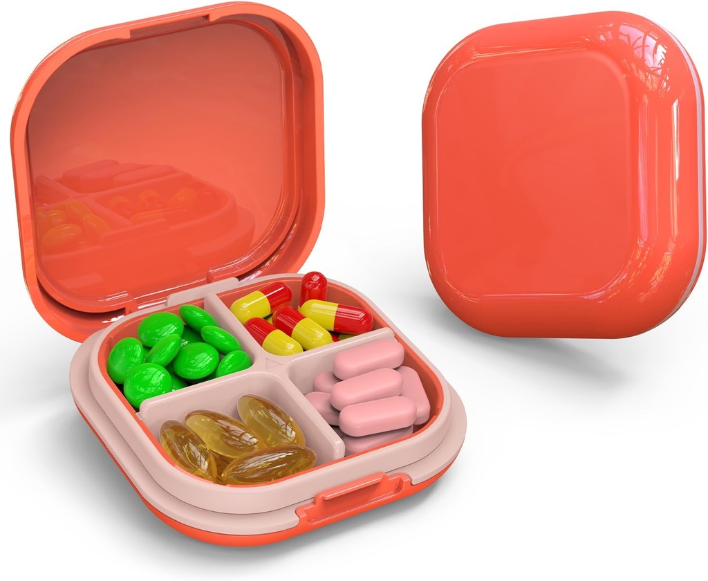 Daily Pill Organizer 4 Compartments, Malé Pill Box Přenosné cestovní Pill Pouzdro, Mini Pill Kontejner pro kapsy v kabelce, Kompaktní Travel Medicine Organizátor pro vitamín, Cod Játra Oil, Dodatek (růžový)