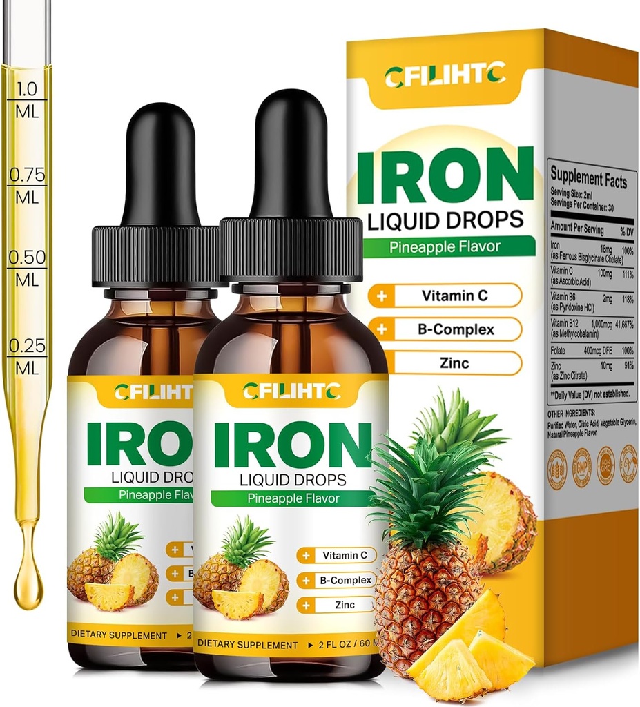 Liquid Iron dodatek pro ženy Muži a děti Multivitamin Železné Kapky s folátem, Vitamin C, B6, B12, Zink pro anemii, Nedostatek železa, Krevní stavitel, Energie - Přírodní ananas Flavor, Vegan 4 Fl Oz