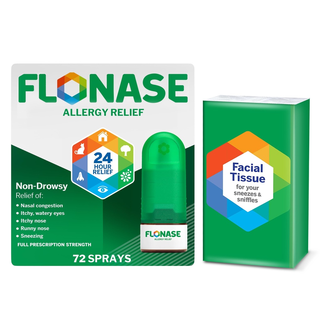 Flonáza Alergie Relief Nasal Spray, 24-hodinová Non- Drowsy Multi- Symptom Relief - 72 Sprays plus Bonus Pack of Tisses