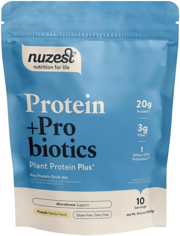 Nuzest - Protein + Probiotika - Gut Health - Superfood Powder Plant Protein Blend - 300g / 10.6 oz Pouch (10 Servings) (Francouzská vanilka, 300g)