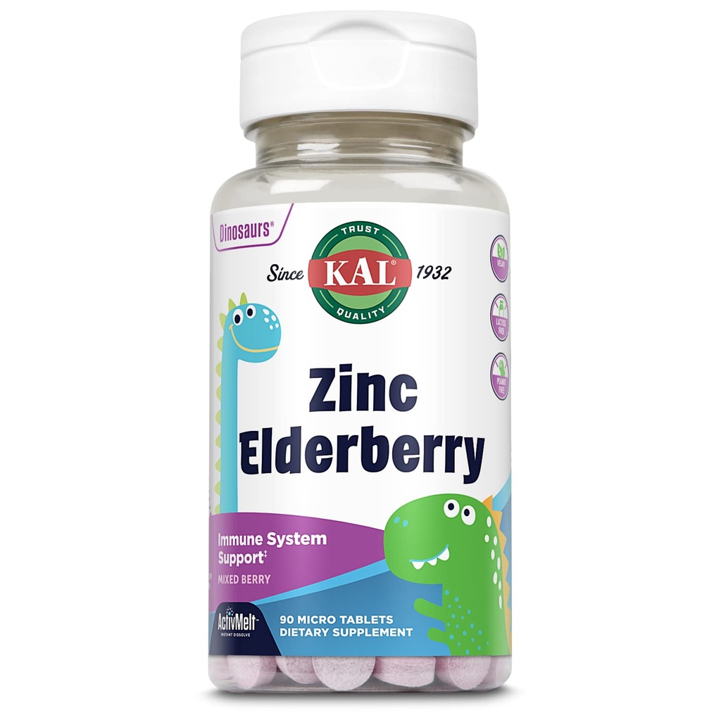 Kal Kids Zinkové Dinosaury Dinosaury, Immunní Supplement * pro děti w / Sambucus Elderberry, Rychlé rozpuštění smíšené Berry Activitts, Fun, Chutné Dino Shapes, Vegan, 90 Služení, 90 Mikro Tablety