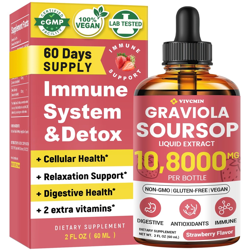 Graviola Soursop Leaf Extract Liquid - Soursop Bitters Liquid, Podpora imunity, Relax, Játra a spánek, Cukr & Alcohol- Free, Vysoce absorbovatelné Formule, Jahodová příchuť, 2 Fl Oz