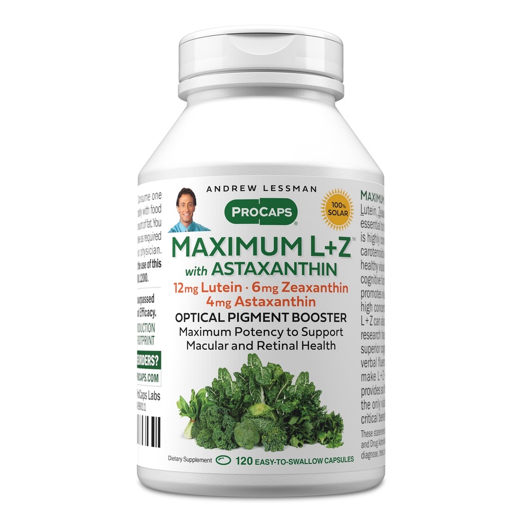 ANDREW LESSMAN Maximum L + Z s Astaxanthin 120 Softgels - 12 mg Lutein, 6 mg Zeaxanthin, 4 mg Astaxanthin. Klíčové živiny na podporu očí a mozku zdraví, a podporovat zdravé vidění.