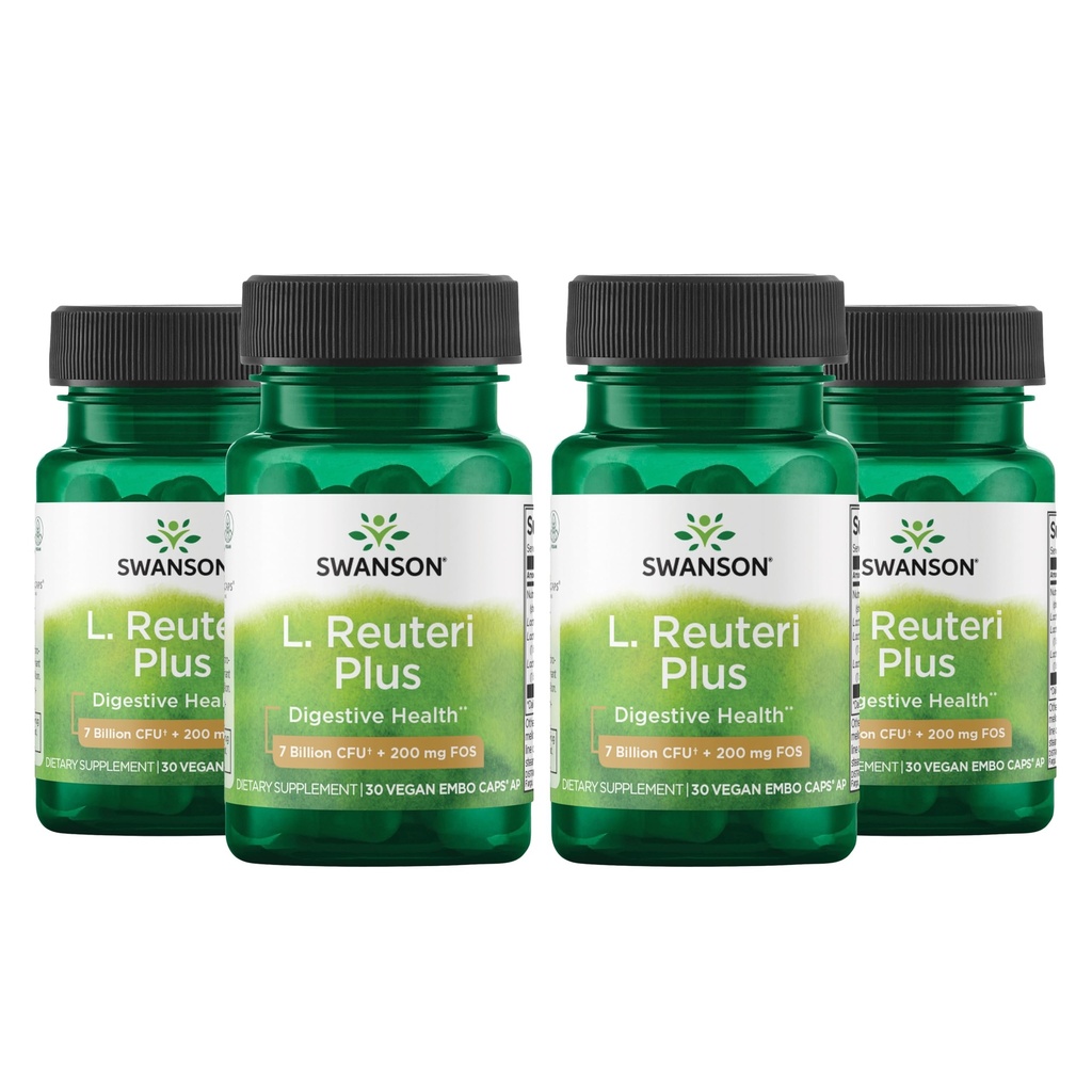 Swanson L. Reuteri Probiotic Plus w / L. Rhamnosus L. Acidophilus & FOS Prebiotic Digestive Support - Promotes Gut Health w / 7 Billion CFU per Capsule - (30 Veggie Capsules) (4 balení)