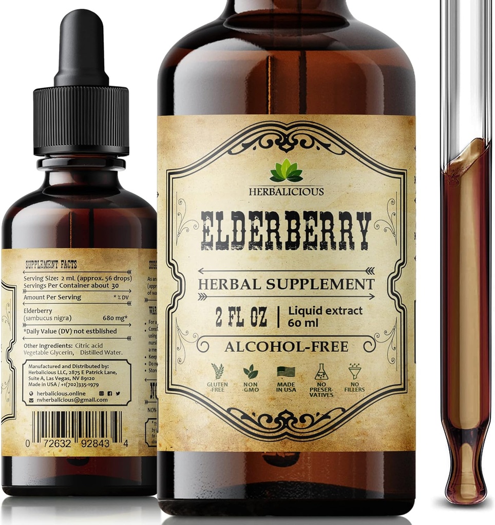 Organic Elderberry Extract - Natural Black Elderberry Bylinný dodatek - Imunitní boostery pro dospělé, Stravovací a srdeční podpora - Antioxidanty, Vitamin C & Fiber - 2 oz Liquid pro muže a ženy