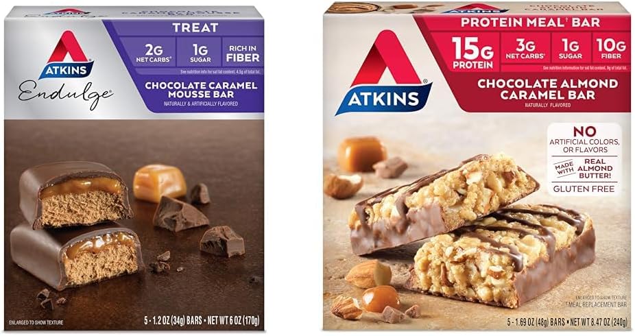 Atkins Endulge Čokoládový karamelový Mousse Bar, Dessert Favorite, 1g Sugar, High in Fiber, 5 Count & Chocolate Mandle Karamel Bar, Keto- Friendly, Gluten Free with Real Mandle Butter, 5 Počet (balení po 1)