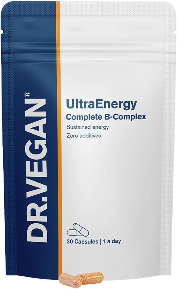 DR.VEGAN UltraEnergy PHAR124; vysoká síla B vitaminový komplex, 30 Vegan- Friendly Kapsle PHAR124; Obsahuje vitamin B12 (100ug), Cholin (50mg), Biotin (50ug) a folát (200ug) PHAR124; One- A- Day