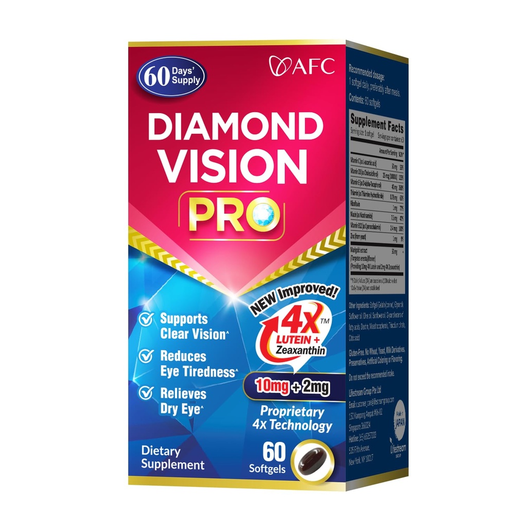 AFC Japan Diamond Vision PRO - Lepší, Up- Sized Formule - Lutein & Zeaxanthin 4X s oční vitamíny - Vizuální doplněk zdraví pro dospělé, expozice obrazovky, noční používání, 60 Softgels