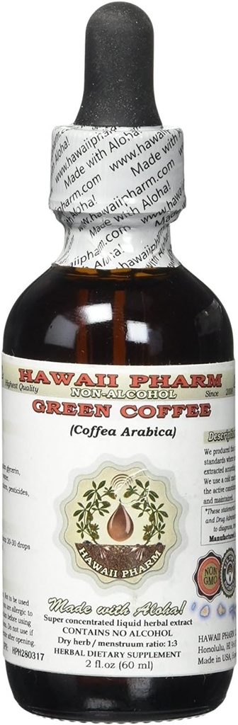 Green Coffee Alcohol- Free Liquid Extract, Green Coffea (Coffea Arabica) Sured Bean Glycerite Hawaii Pharm Natural Bylinný doplněk 2 oz