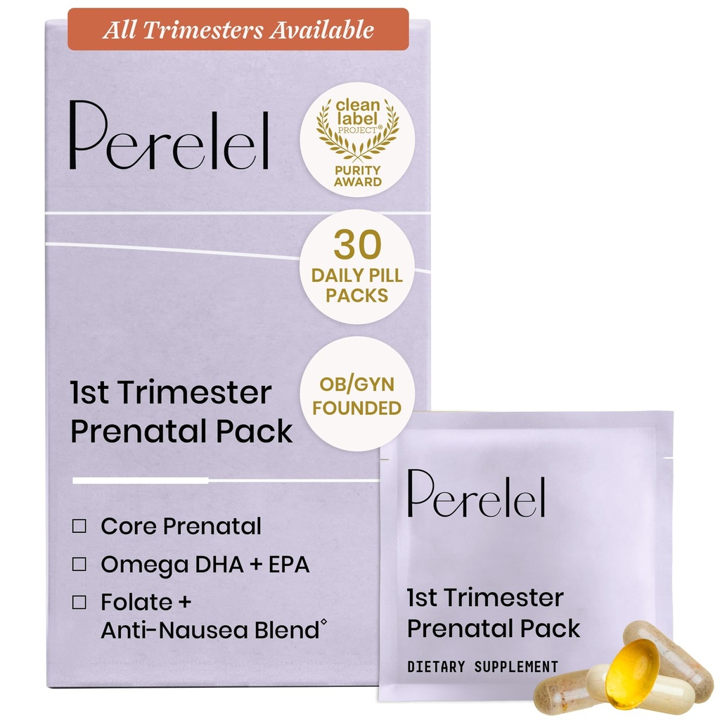 Perelel 1st Trimester Prenatal Pack, Multivitamin s folátem, vitamin D, Omega 3, Železo & Ginger, Nutriční podpora pro časné těhotenství, Soy & gluten zdarma, non GMO, 30 Denní pilulky