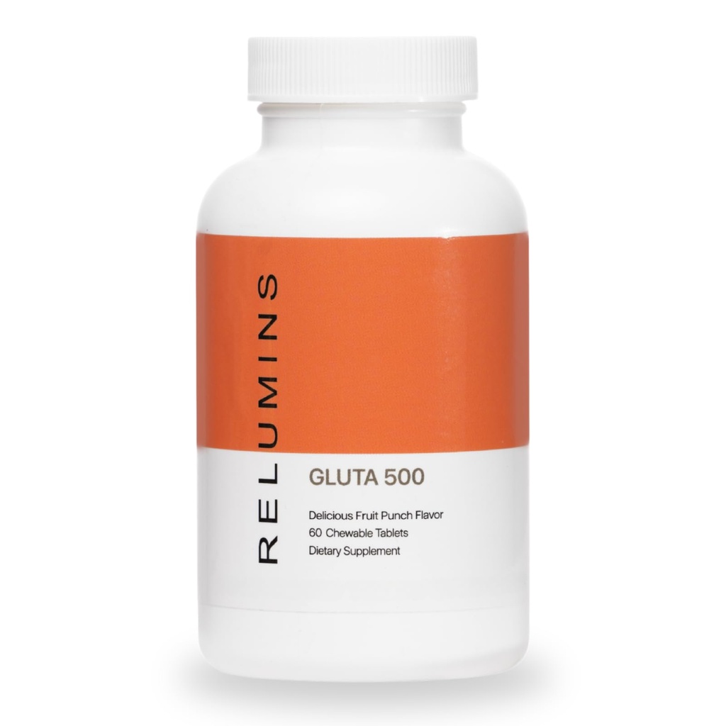 Reluminy Gluta 500 Žvýkací tablety s glutathionem, kyselinou hyaluronovou, vitaminem C, biotin a kolagenem - podporuje pleť Tone & Glow - Ovocný punč Flavor - Made in USA - 60 Tablety