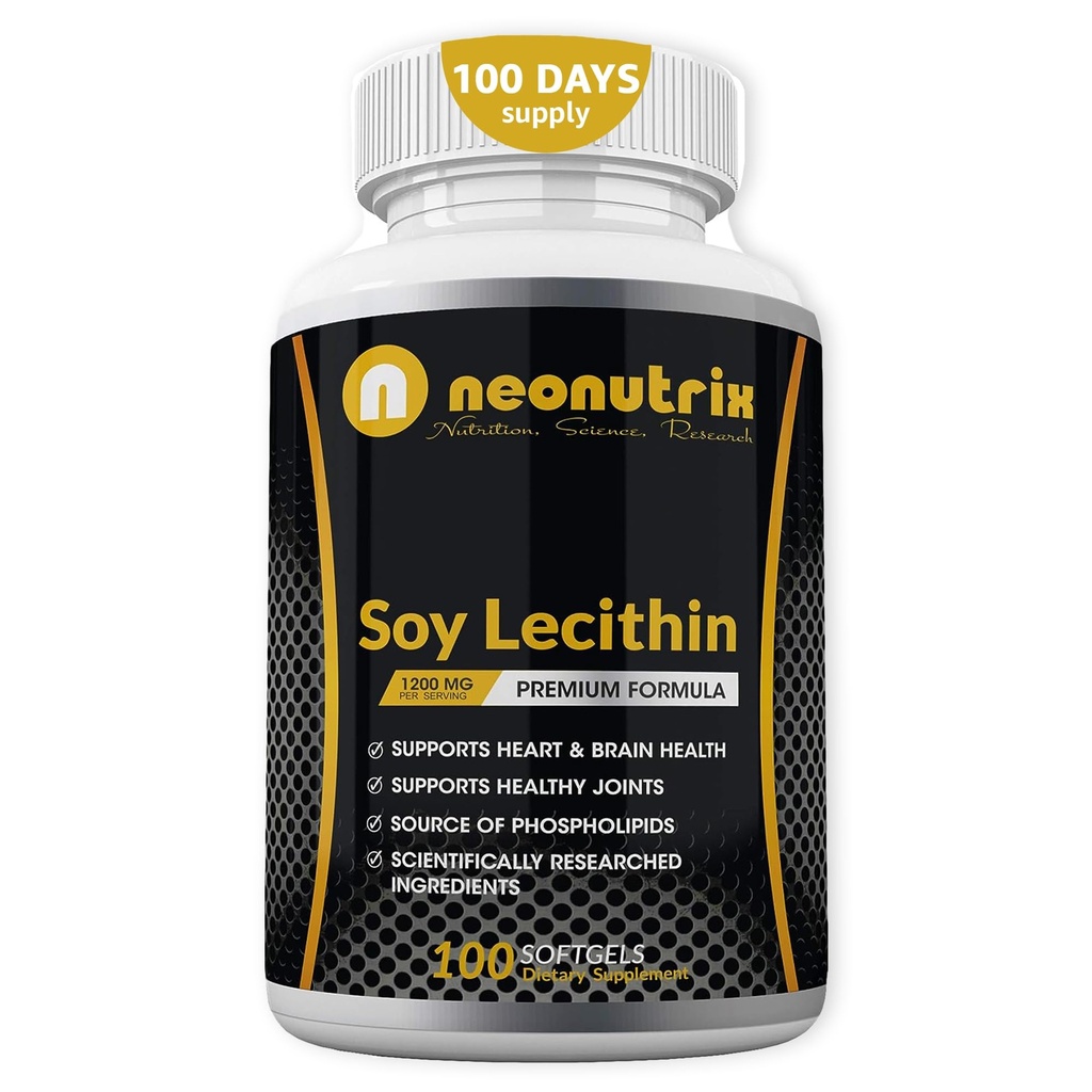 Soy Lecithin Kapsle 1200mg (jeden den, 100 Softgels) Imunitní podpůrný dodatek Bohaté na fosfolipidy podporuje metabolismus, Brain & Heart Health & Cell Functions Made in USA Non- GMO by Neonutrix