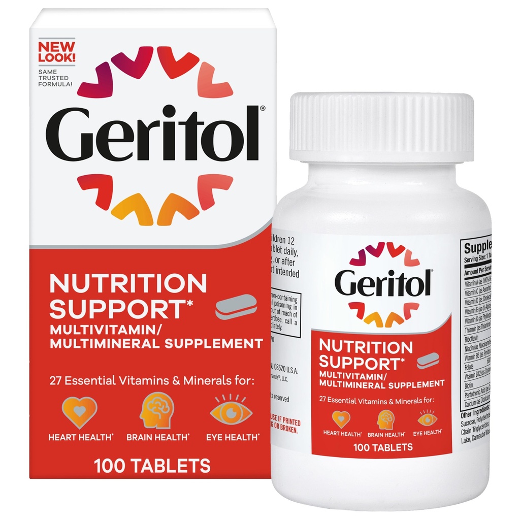 Geritol, doplněk multivitaminu, Obsahuje B- vitaminy, antioxidanty, vitaminy C, E & D a železo, 26 esenciální vitaminy a minerály, gluten- Free, Non- GMO, Žádné umělé sladkosti, 100 tablet