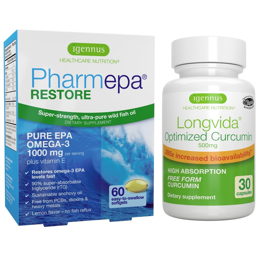 Pharmepa Restore & Longvida Lipided Curcumin 500mg Bundle, 1000mg Pure EPA Omega33 Fish Oil & Ultra Bioavailable Curcumin, by Igennus