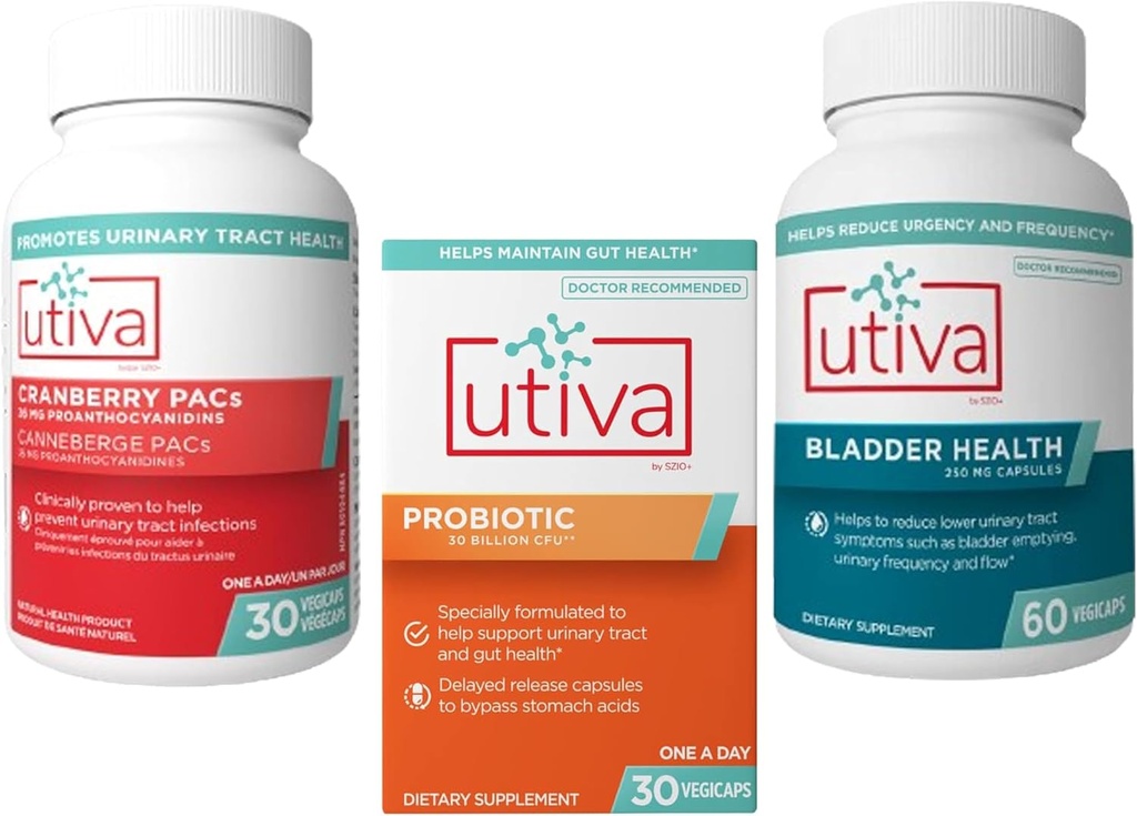 15% Bundle Utiva Cranberry PACs Doplněk pro močový trakt Zdraví 30 Vegi Capsule + Utiva Probiotic pro Gut a močový trakt Zdraví 30 Zpožděné uvolnění Vegi Capsule + Utiva Blinder Zdraví 60 Kapsle