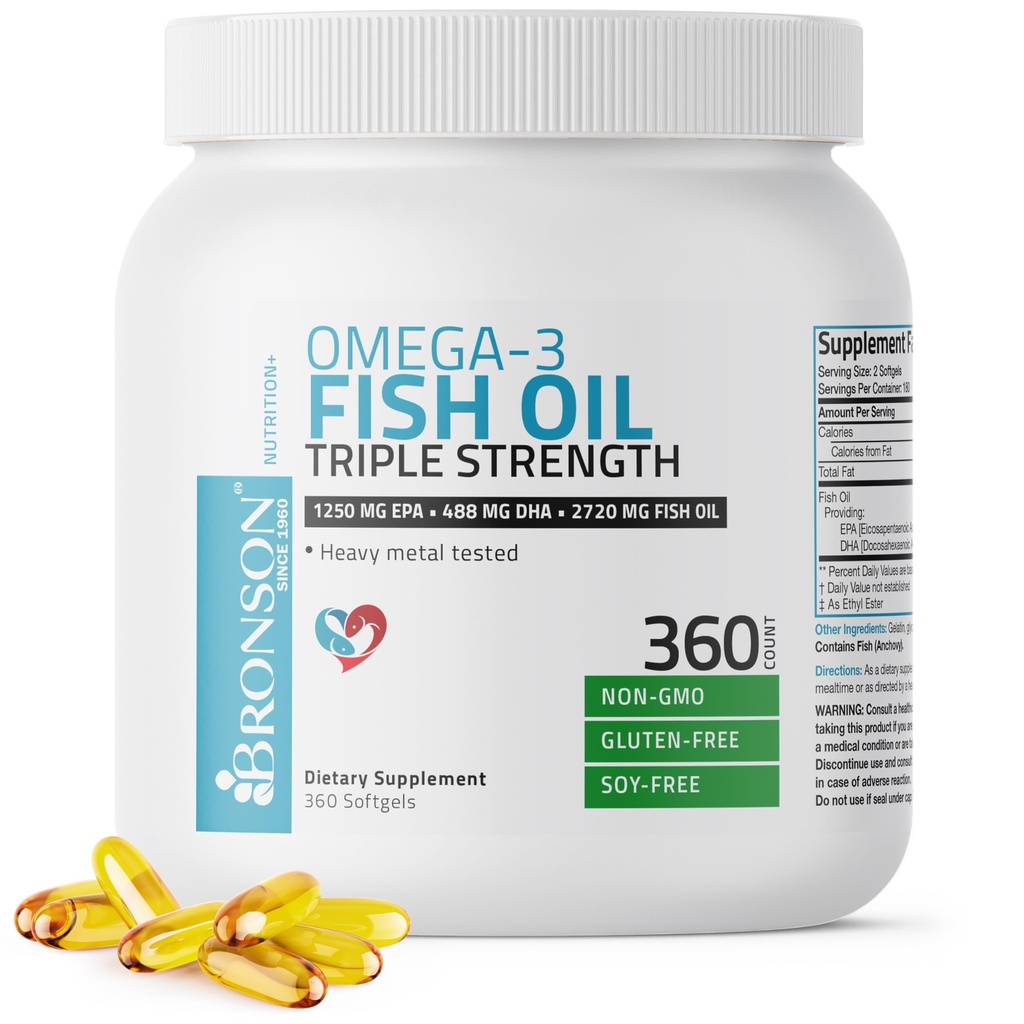 Bronson Omega 3 Fish Oil Triple Force 2720 mg, High EPA 1250 mg DHA 488 mg, Non- GMO Heavy Metal Tested, 360 Softgels
