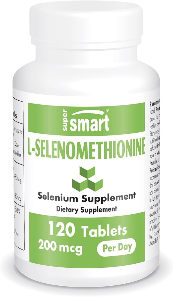 SuperSmart - L- Selenomethionin 200mcg za den (dodatek k selenu) - Vysoká absorpce - Esenciální stopová minerální látka 124; Non- GMO & gluten zdarma - 120 tablet