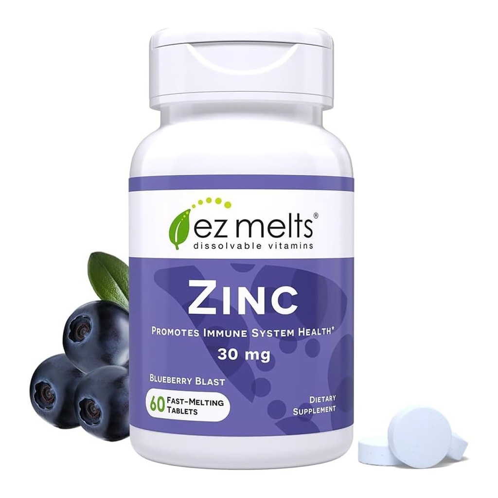 EZ Melts Zinek - doplněk pro imunitní, stravitelné a kožní zdravotní podporu - Non- GMO, Vegan & gluten- Free - Blueberry Blast - 60 Rozpustné tablety (60 Služeb)