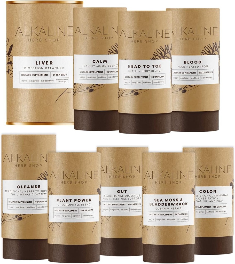 Alkaline Herb Shop The Body Essentials Bundle - Moss Moss & Bladderwrack, chlorofyl, železo, Happy Health Body, Happy Colon, Happy Lymph, Gut, Happy Heat Tea and Happy Mood