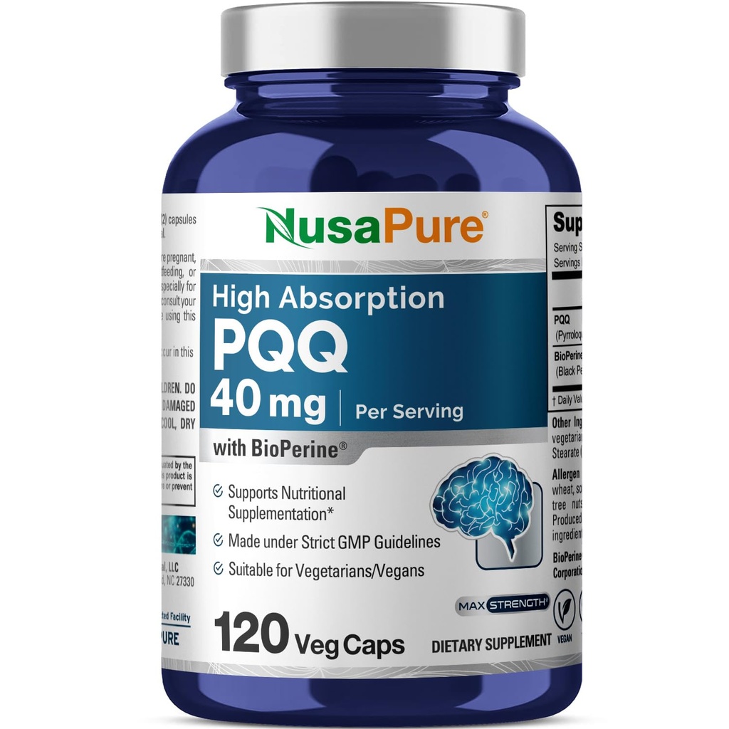NusaPure PQQ dodatek 40 mg, 120 Veggie Kapsle, Non- GMO, Pyrrolochinolin Quinon Dinatrium Salt, Bioperin