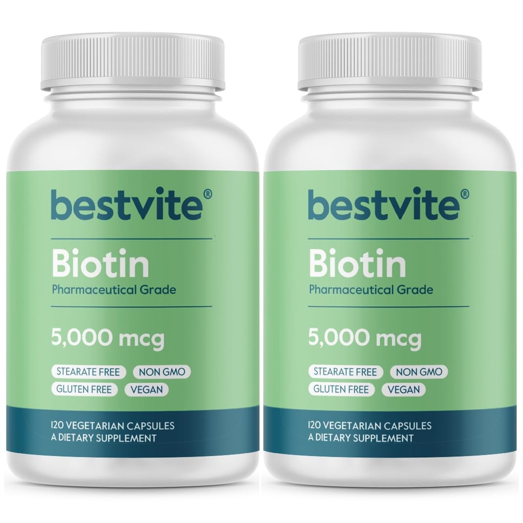 BESTVITE Biotin 5000mcg (240 Vegetariánských kapslí) (120 x 2) - No Stearates - No Flow Agents - Vegan - Non GMO - Gluten Free - Vlasy, kůže, nehty