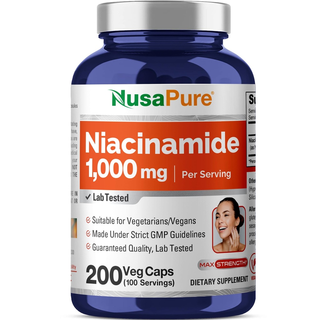 NusaPure Niacinamid 1000mg 200 Veggie Kapsle (Non- GMO, Vegan) Flush zdarma