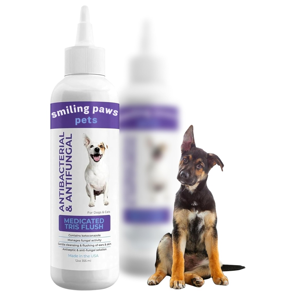 Usmívající se tlapky Domácí zvířata medikovaná Tris Flush Dog Čistič sluchu Řešení a infekce léčby psů a koček Ušní flush pro psy Čistič uší pro psy & Kočky - Cat & Dog Ušní mytí Obsahuje Ketokonazol 12oz