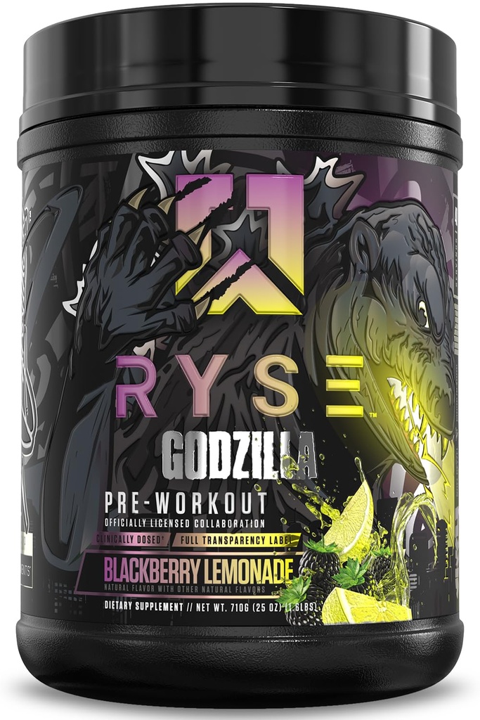 RYSE Godzilla X Noel Deyzel Pre Workout Powder - BlackBerry Lemonade - 400mg Caffeine, High Stim Pre- Cvičení pro muže a ženy s Citrulline & Beta Alanin - Energie, Pump & Focus - 20 / 40 Služení
