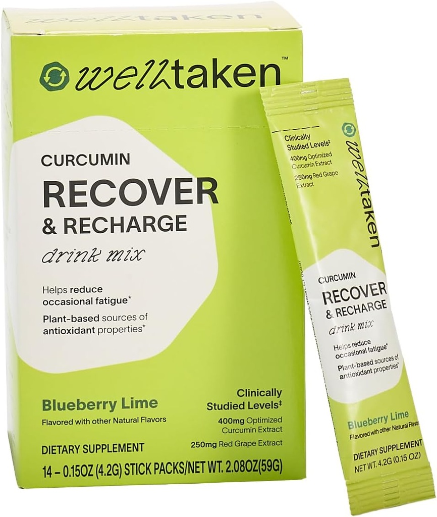 Kurkumin Kurkumin Recover Powder - Borůvkový Lime, 14ct Box - 400mg Optimalizovaný kurkumin, Granátová jablka, Červený Grape - Pomáhá snížit příležitostnou únavu - Vegan, 14 Služebnictví