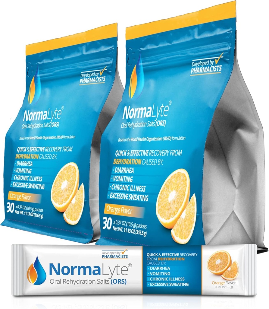 NormaLyte perorální rehydratace Salts-2 Pouches - 60 Sticks (Výnosy 500ml na balení) -Oranžové 124; Energetické doplňky, doplněk draslíku, Dehydratační zotavení a rychlá absorpce