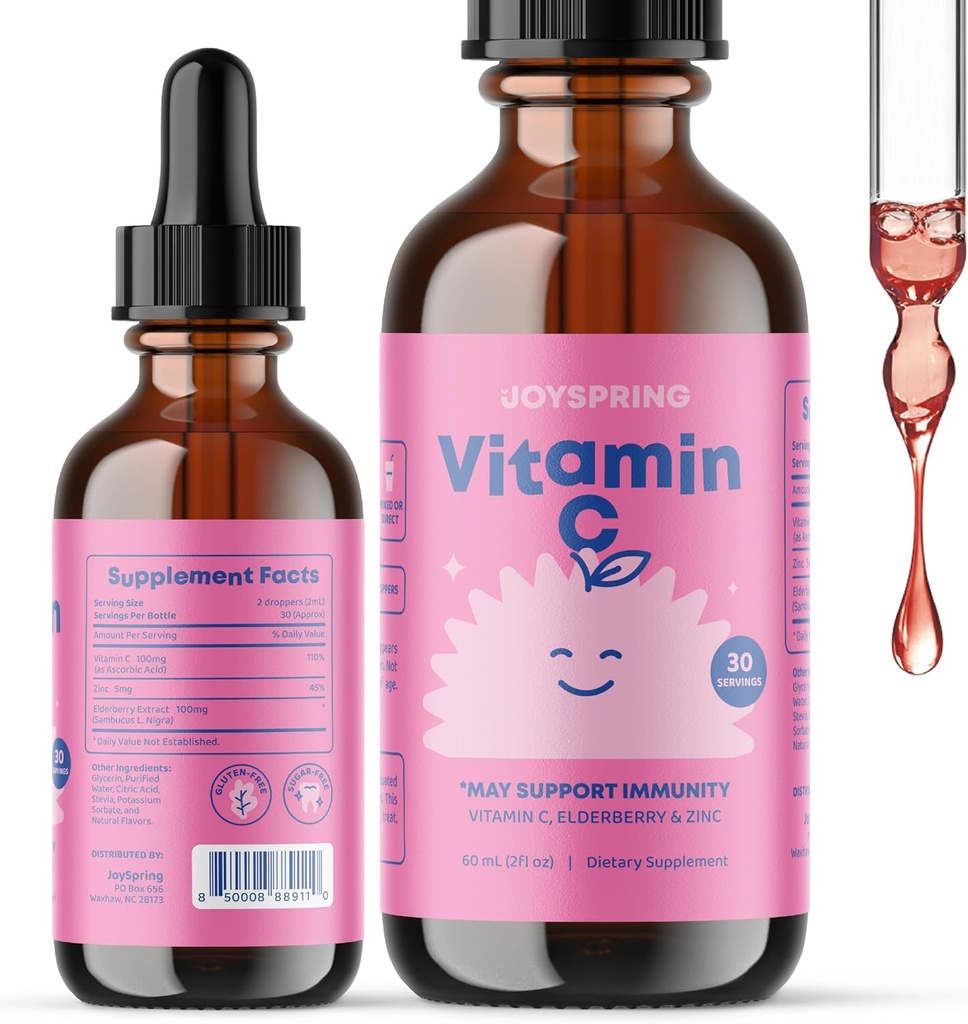 JoySpring Vitamin C + Elderberry Drops + Zink pro dětskou imunitní podporu, Genius Drops for Focus a Vitamin D pro děti