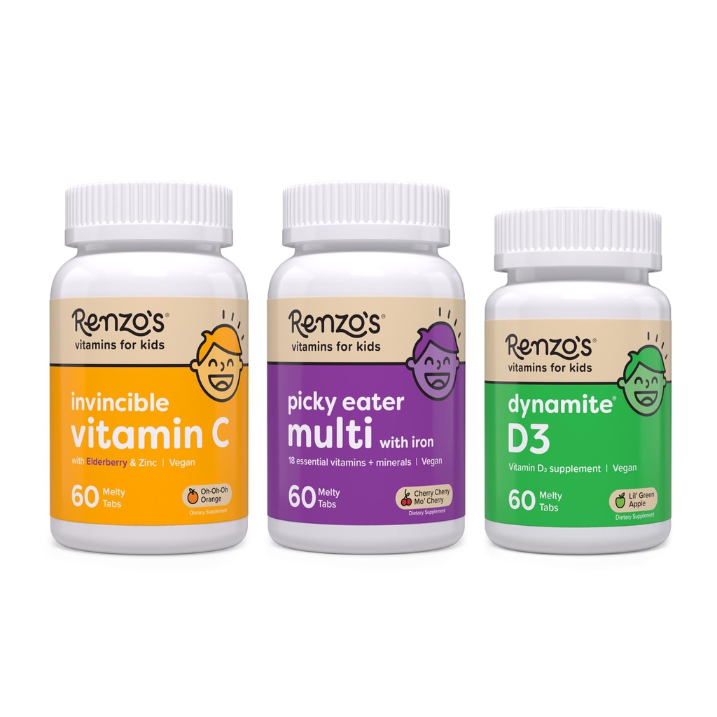 Renzo 's Vitamíny Imunity Builder Bundle - Vitamin C s Elderberry & Zinek pro imunitní podporu, Picky jedlík děti Multivitamin, a Vitamin D3
