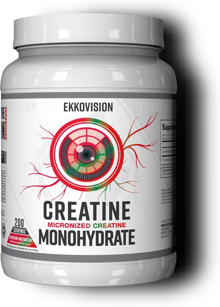 Ekkovision Creatin Monohydrát Powder, Mikronizovaný, Malina Meloun, Pre & Post Workout Dodatek pro muže a ženy, Energetická podpora, Snadná míchat v třeseních, Smoothies & Nápoje, 200 Služebnictví