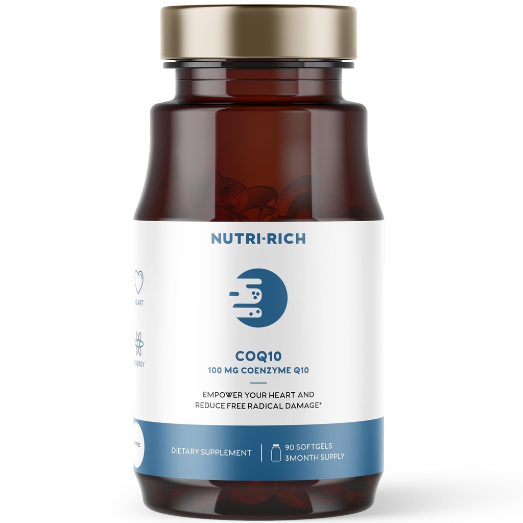 Nutri- Rich CoQ10 Softgels, Coenzym Q10 Ubiquinone for Heart & Energy, Statin Usage & Cellular Health, Třetí strana Testováno, GMP Kvalita, Žádné umělé přísady, No Soy, Gluten Free, 90 Počet