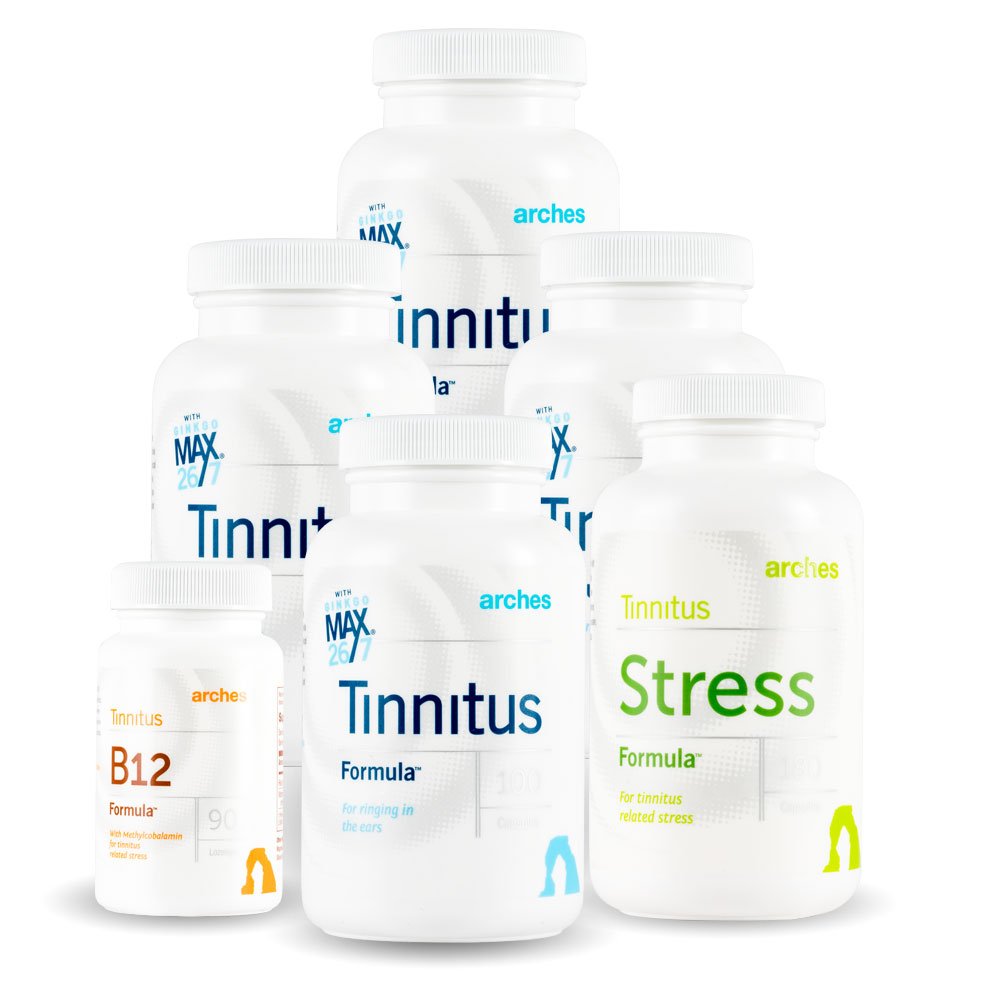 Arches Tinnitus Combo Pack - Nyní s Ginkgo Max 26 / 7 - Přírodní Tinnitus léčba pro úlevu od vyzvánění uší - 6 lahví - 90 denní dodávka