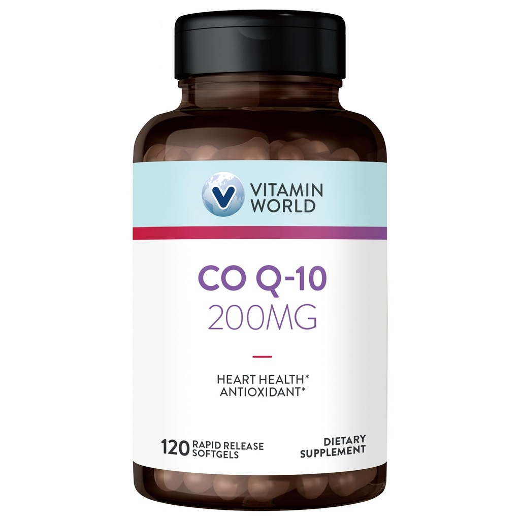 Vitamin World CoQ10 200 mg Softgels, Coenzym Q10 doplňky pro antioxidační podporu, Heart Health & Energy Production, Gluten Free, 120 Rychlé uvolnění Softgels