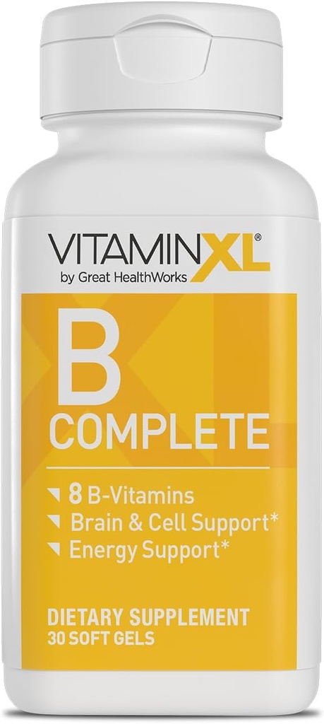 VitaminXL B Kompletní je Full Spectrum B Complex Made with B1, B5, B6, B12, Biotin, Niacin, Riboflavin, a Folát, Také s Choline a inositol (30 Soft Gels, 30 Servings)