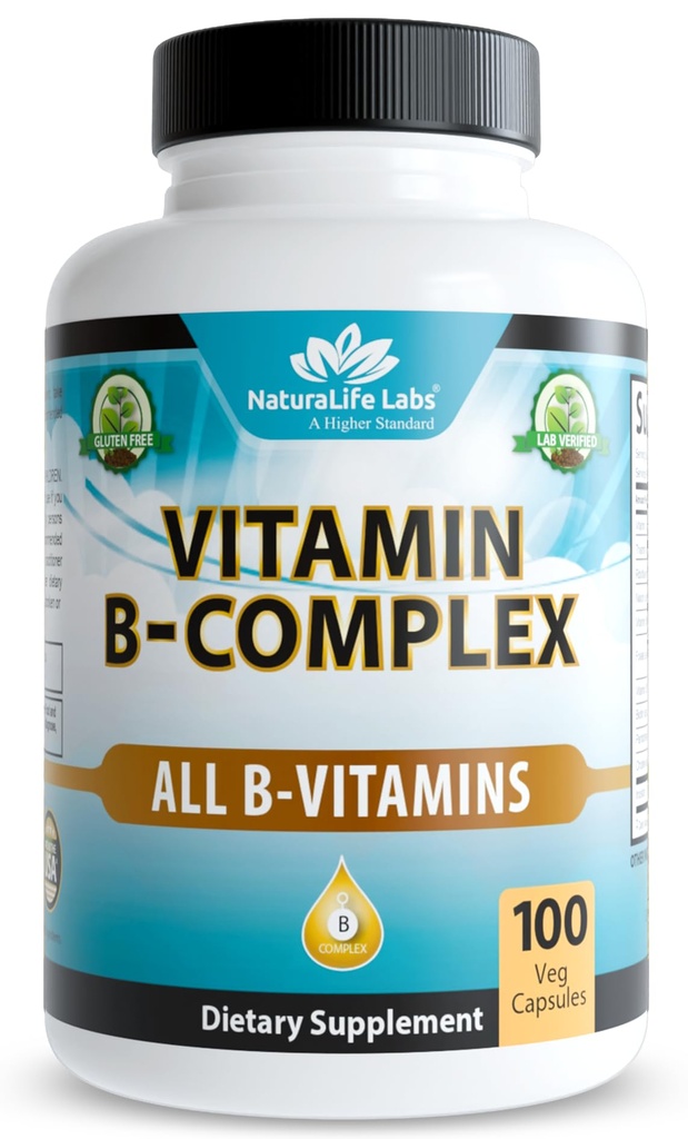NaturaLife Labs Vitamin B- Complex s vitaminem C & kyselina listová - zahrnuje B1, B2, B3, B5, B6, B7, B9 & B12 - 100 Kapsle, Vegan, Non- GMO, gluten zdarma