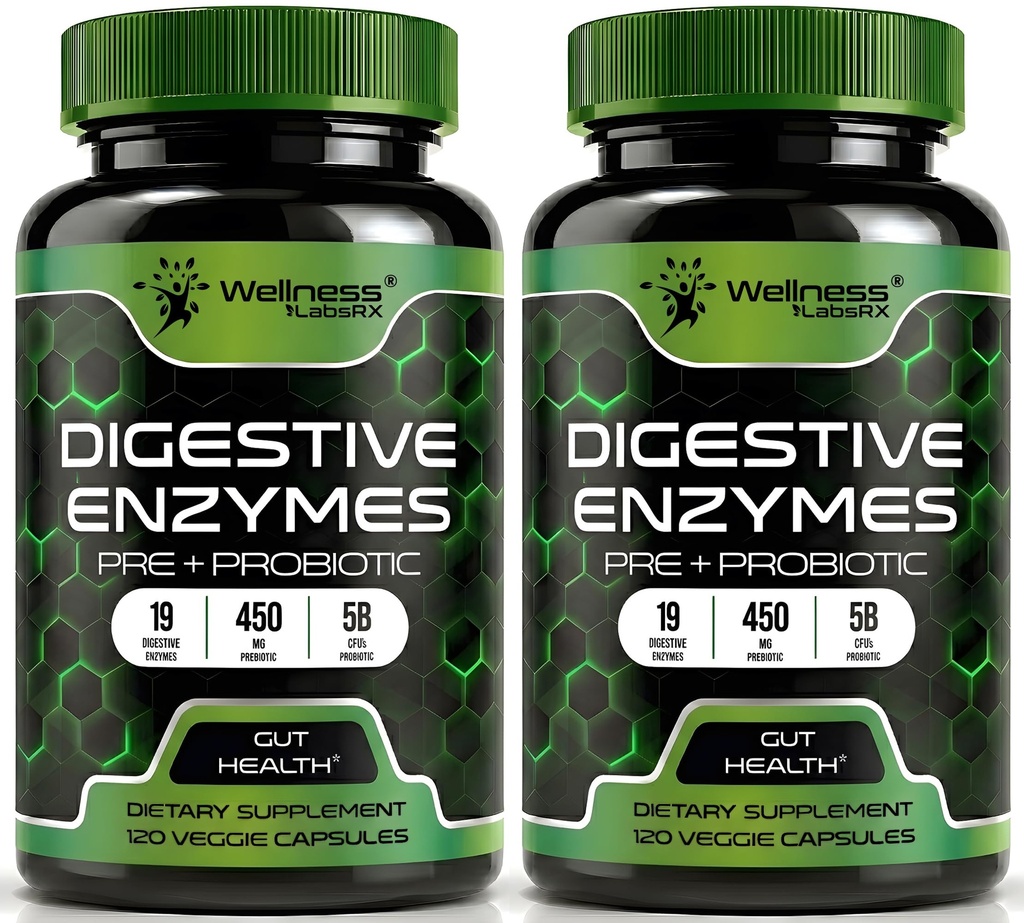 Digestivní enzymy s probiotiky a prebiotiky, 450mg, 5 miliard CFU - Čisté Super Digestion Kapsle - Digestivní enzymy pro ženy a muže Podpora Digestion & Gut Health - 120 Počet (balení po 2)