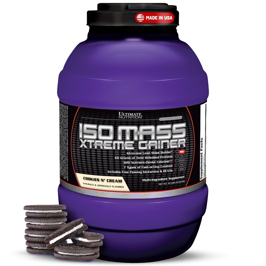 Ultimate Nutrition ISO Mass Xtreme Gainer - High- Calorie Mass Gainer s Creatine & Syrovátka izolát protein prášek pro váhový zisk, Lean Muscle Mass, Bulk dodatek - Cookies N Cream, 10lbs