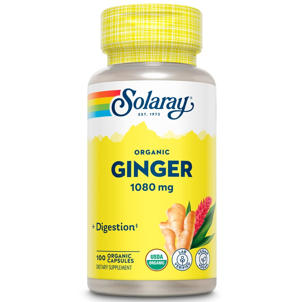 SOLARAY Organic Ginger 1080 mg - Organic Ginger Supplementations - Relieves Nevolnost a zvracení spojené s nemocemi, podporuje společné zdraví - Vegan, Non Drowsy, 60denní záruka, 50 Sluncí